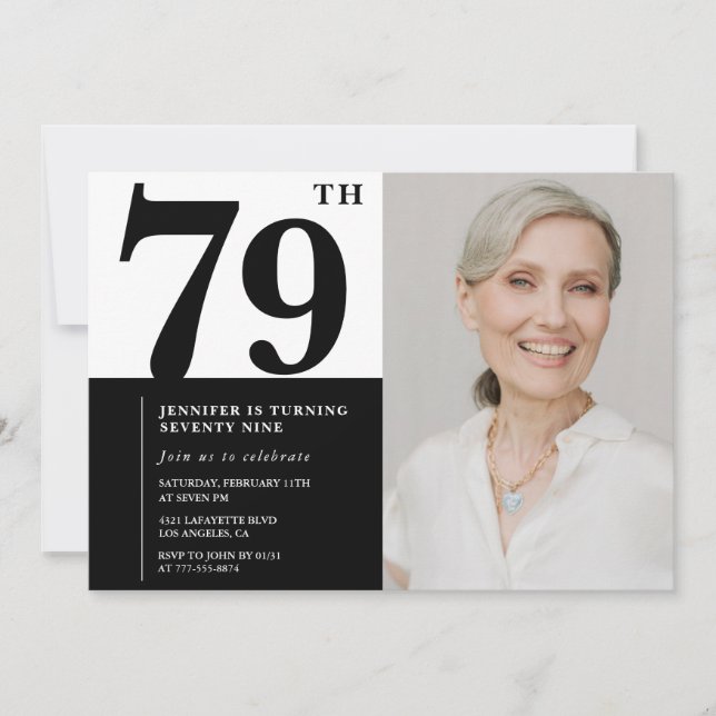 Invitation Chic noir blanc photo 79e anniversaire (Devant)
