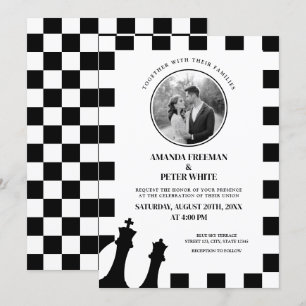Invitation Chic noir et blanc photo À damiers Motif Mariage