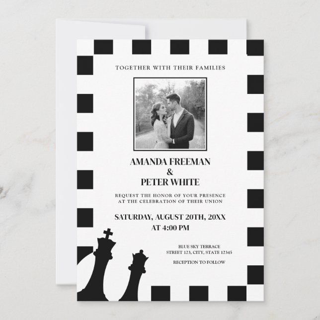 Invitation Chic noir et blanc photo À damiers Motif Mariage (Devant)