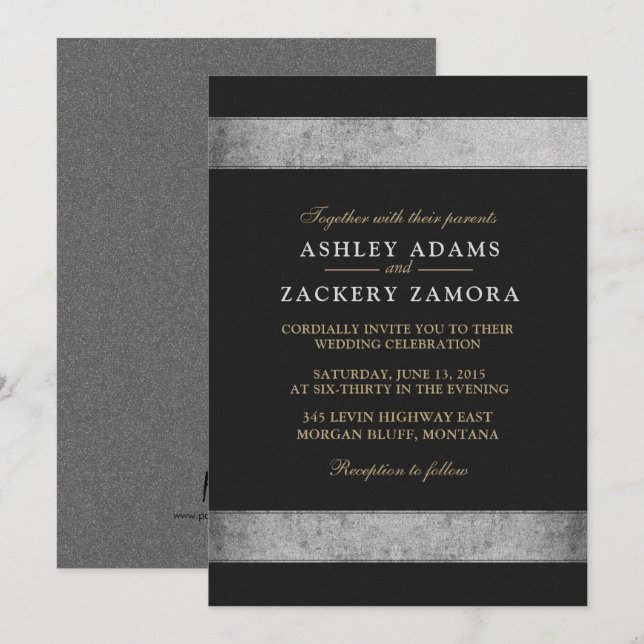 Invitation Chic/noir, or, gris/faire-part de mariage grunge (Devant / Derrière)