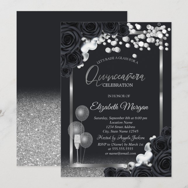 Invitation Chic noir Rose Vin Verre Balloons Quinceañera (Devant / Derrière)