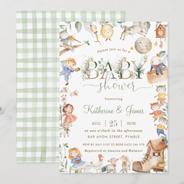 Invitation Chic Nursery Rhyme Baby shower de verdure Neutre (Devant / Derrière)
