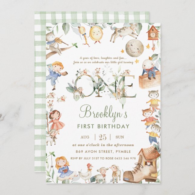 Invitation Chic Nursery Rhyme Verdure 1er Anniversaire Neutre (Devant / Derrière)