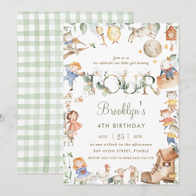 Invitation Chic Nursery rime verdure 4e anniversaire Neutre (Devant / Derrière)