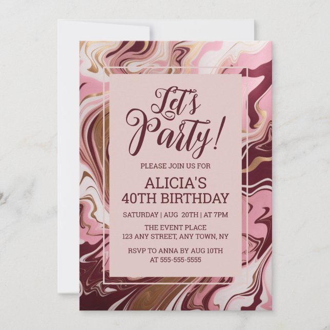 Invitation Chic or Bourgogne rose Marbre Fluid Anniversaire (Devant)