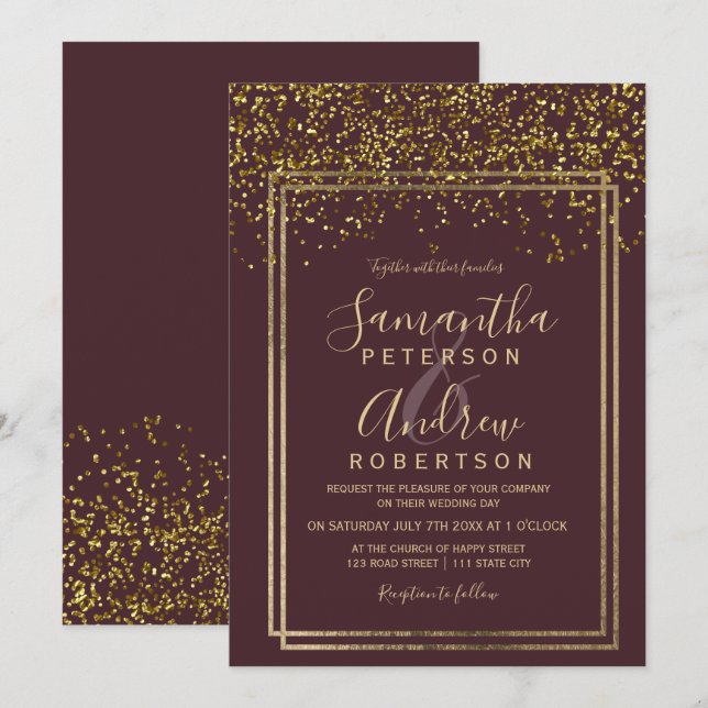 Invitation Chic or confetti bordeaux mariage frontière (Devant / Derrière)