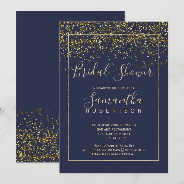 Invitation Chic or confetti marine script bleu douche nuptial (Devant / Derrière)