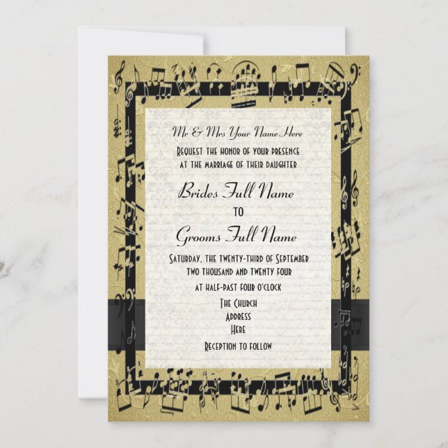 Invitation Chic or élégant feuille de musique mariage (Devant)