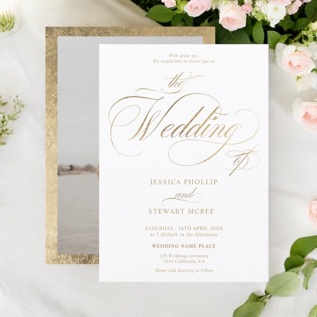 Invitation Chic or élégant mariage de calligraphie photo (Chic gold elegant photo calligraphy wedding invitation)