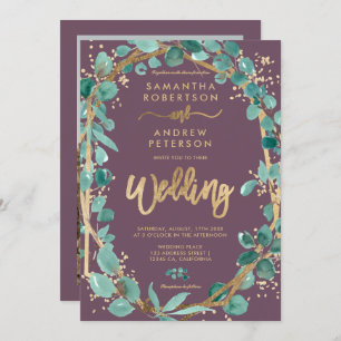 Invitation Chic or eucalyptus violet script photo mariage
