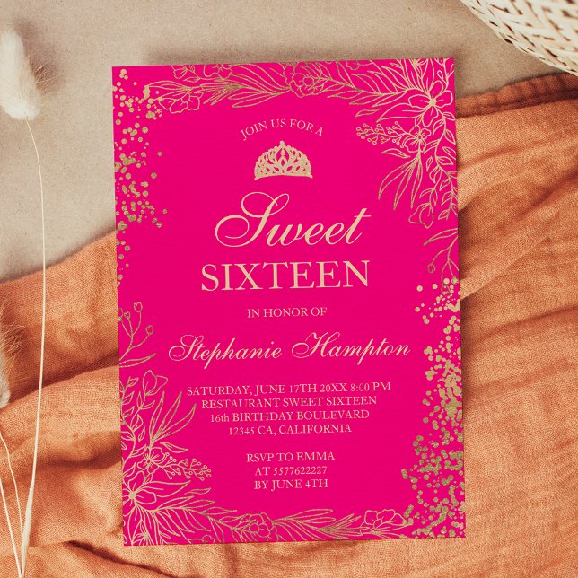 Invitation Chic or floral néon rose Tiara chic Sweet 16 (Chic gold floral neon pink Tiara chic Sweet 16 Invitation)
