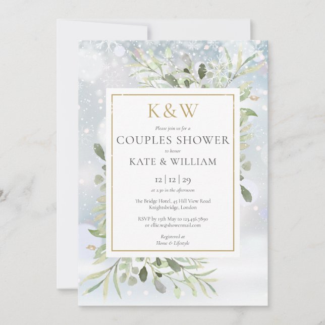 Invitation Chic or Monogramme verdure Couples d'hiver Douche (Devant)