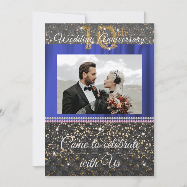 Invitation Chic Or Noir et Perles 10e Anniversaire de Mariage (Devant)