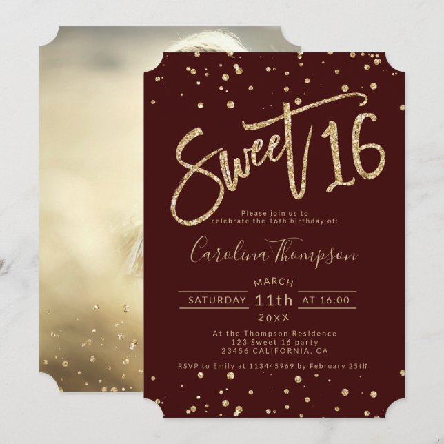 Invitation Chic or parties scintillant confetti burgundy Swee (Devant / Derrière)