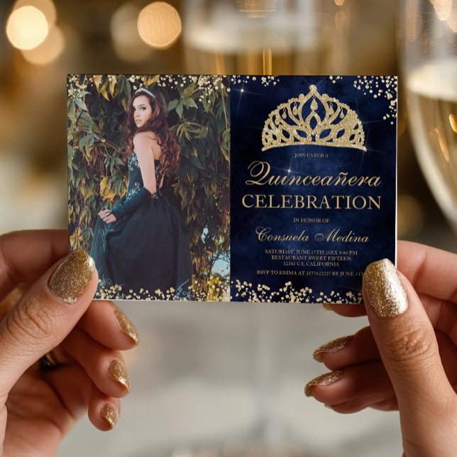 Invitation Chic or parties scintillant marine photo tiara Qui (Chic gold glitter navy photo tiara Quinceañera Invitation)