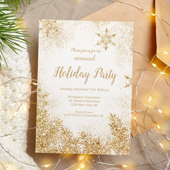 Invitation Chic or parties scintillant neige Noël entreprise  (Chic gold glitter snow Christmas corporate white Invitation)