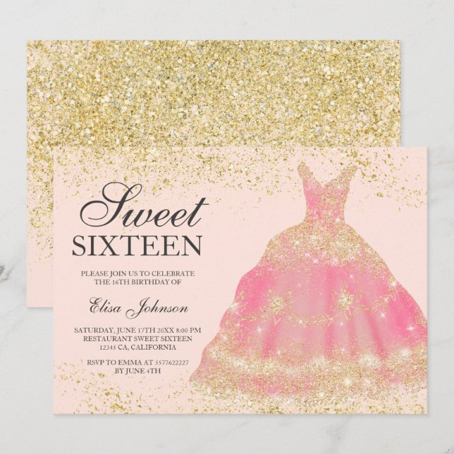 Invitation Chic or parties scintillant rose rousse robe Sweet (Devant / Derrière)
