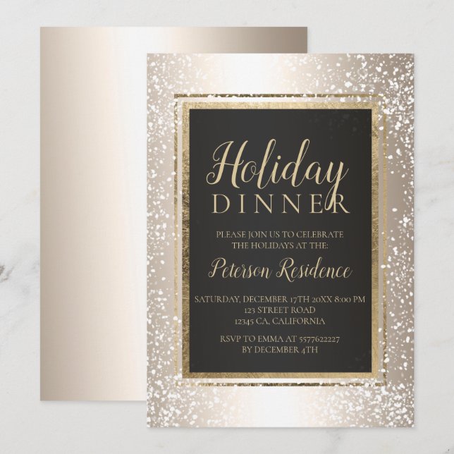 Invitation Chic or typographie neige fête de vacances métal (Devant / Derrière)