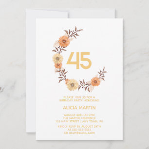 Invitation Chic Orange Fleur Botanique Or Blanc Anniversaire