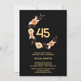 Invitation Chic Orange Fleur Botanique Or Noir Anniversaire