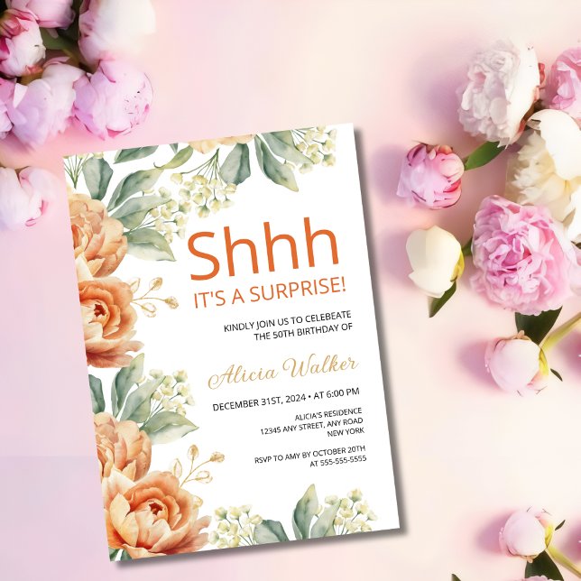 Invitation Chic Orange Peony Gold Leaf Surprise Anniversaire (Créateur téléchargé)