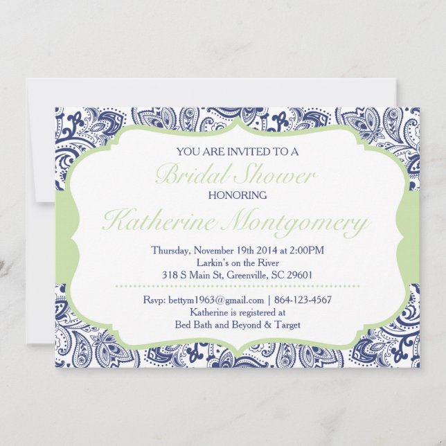 Invitation Chic Paisley Bridal Douche Marine Mint (Devant)