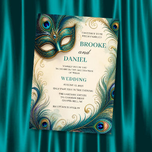 Invitation Chic Paon Turquoise Plume Mascarade Mariage