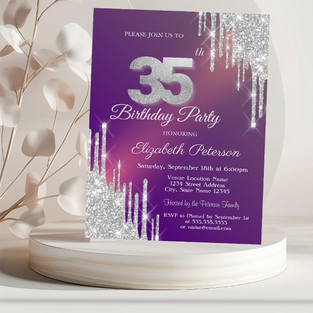 Invitation Chic Parties scintillant Argent Drips Purple 35e a (Créateur téléchargé)