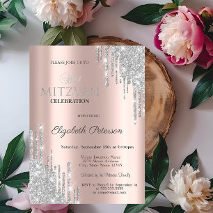 Invitation Chic Parties scintillant Argent Rose Bat mitzvah O