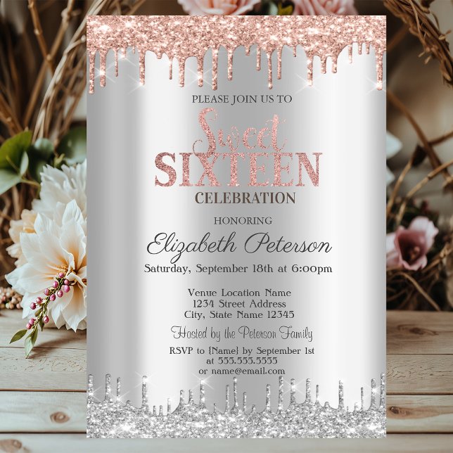 Invitation Chic Parties scintillant Argent Rose Gold Sweet 16 (Créateur téléchargé)