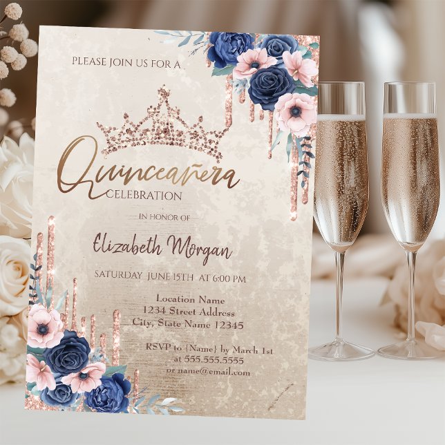 Invitation Chic Parties scintillant Couronne Drop, Blue Roses (Créateur téléchargé)