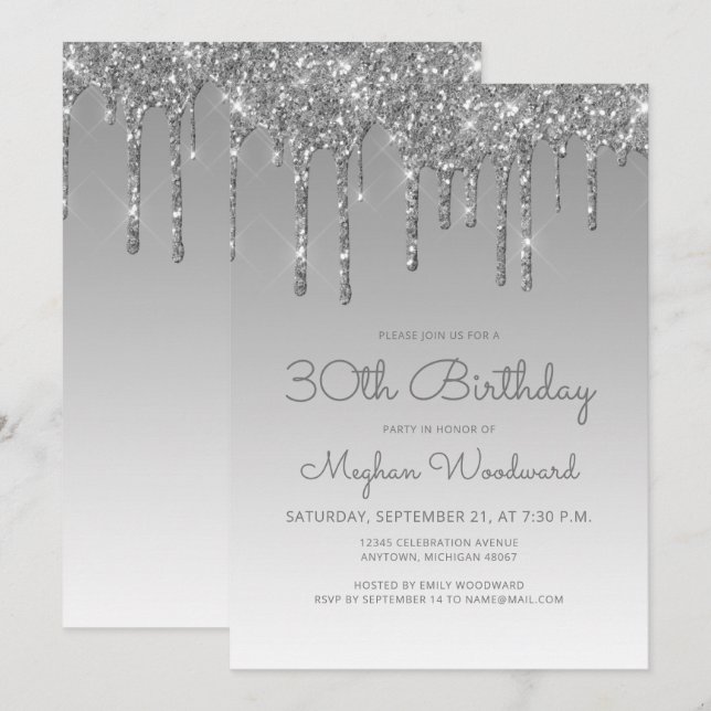 Invitation Chic Parties scintillant Drip Argent 30e anniversa (Devant / Derrière)