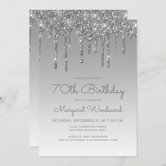 Invitation Chic Parties scintillant Drip Argent 70e anniversa (Devant / Derrière)