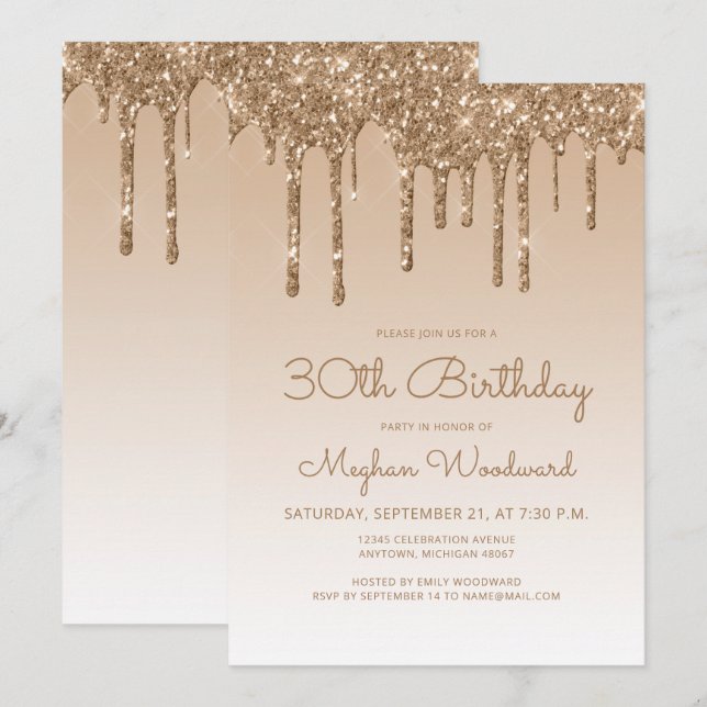 Invitation Chic Parties scintillant Drip Gold 30th Birthday P (Devant / Derrière)