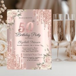 Invitation Chic Parties scintillant Drips, Fleurs Rose Or 50e