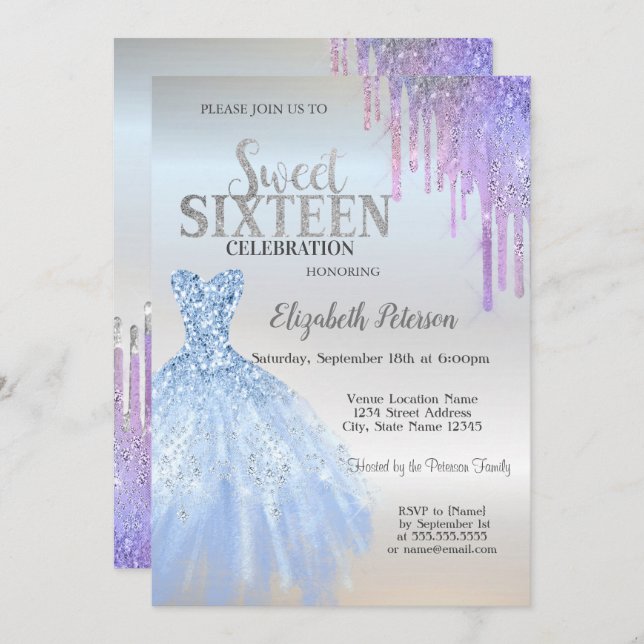 Invitation Chic Parties scintillant Drips, Robe Bleue Silver  (Devant / Derrière)