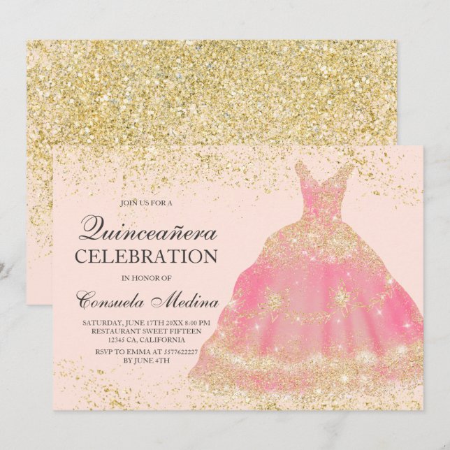 Invitation Chic parties scintillant or rose pâle robe Quincea (Devant / Derrière)
