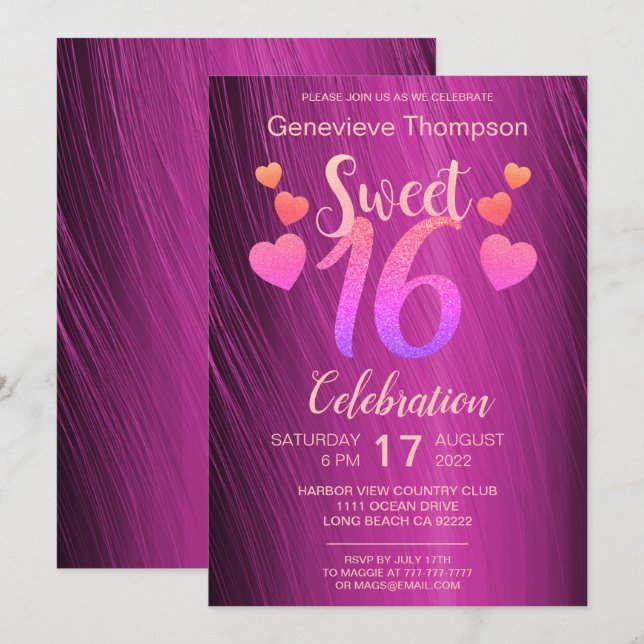 Invitation Chic Parties scintillant Sweet sixteen  (Devant / Derrière)