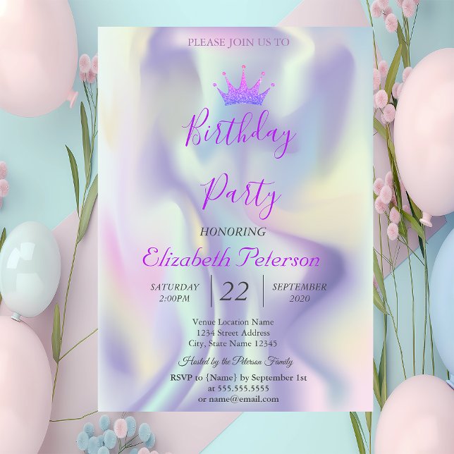 Invitation Chic Parties scintillant Tiara Holographique fête  (Créateur téléchargé)
