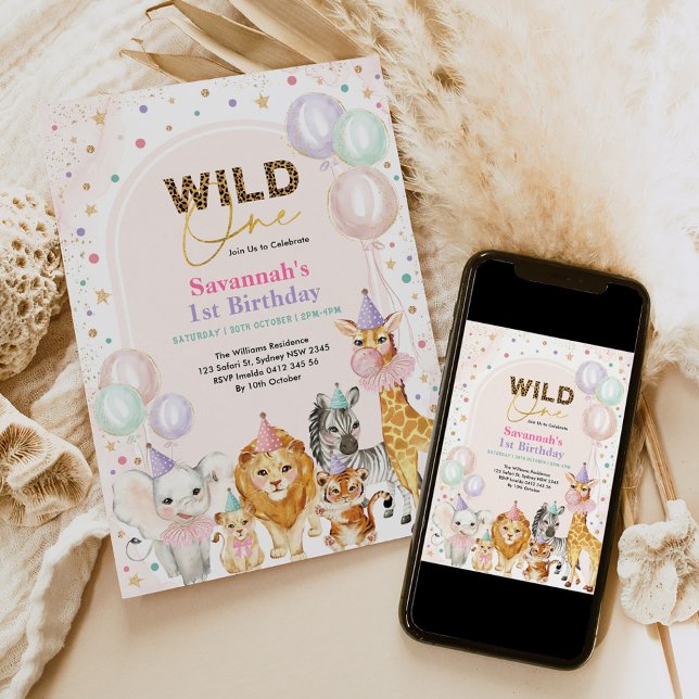 Invitation Chic Party Animaux Wild Safari Girl 1er anniversai (Créateur téléchargé)