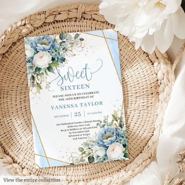 Invitation Chic Pastel Bleu Blanc Or Fleurs Douces 16 (Chic Pastel Blue White Gold Flowers Sweet 16 Invitation)
