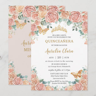 Invitation Chic Pastel Blush Peach Floral Rose Quinceanera