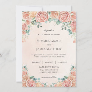 Invitation Chic Pastel Blush Peach Floral Roses Mariage Invi