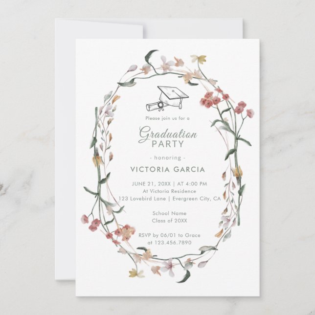 Invitation Chic Pastel Fleur sauvage Printemps Graduation (Devant)