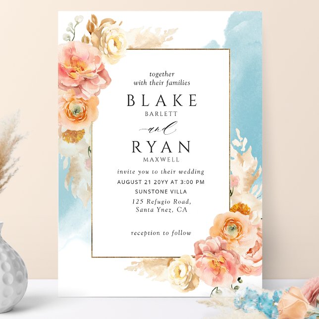 Invitation Chic Peach Blush Floral, Aqua Watercolor Mariage (Créateur téléchargé)