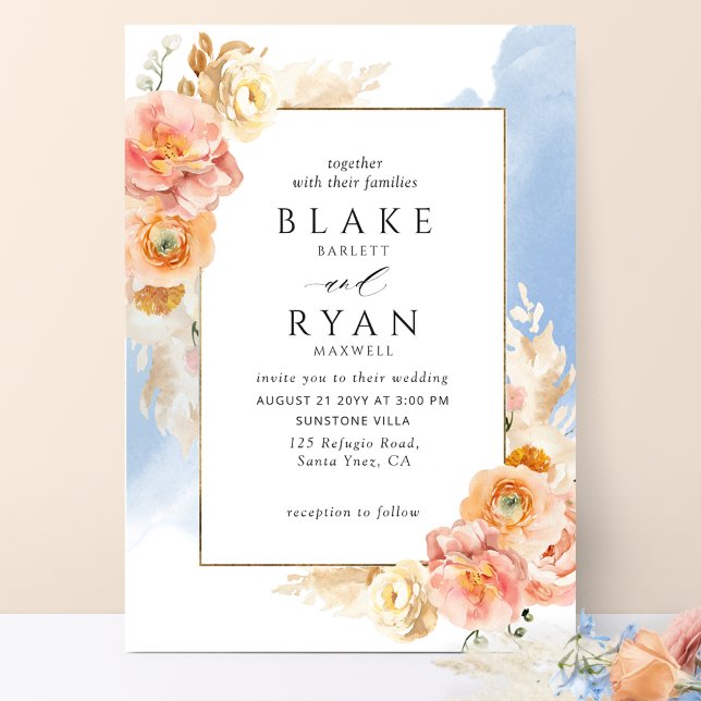 Invitation Chic Peach Blush Floral, Mariage d'aquarelle bleu (Créateur téléchargé)