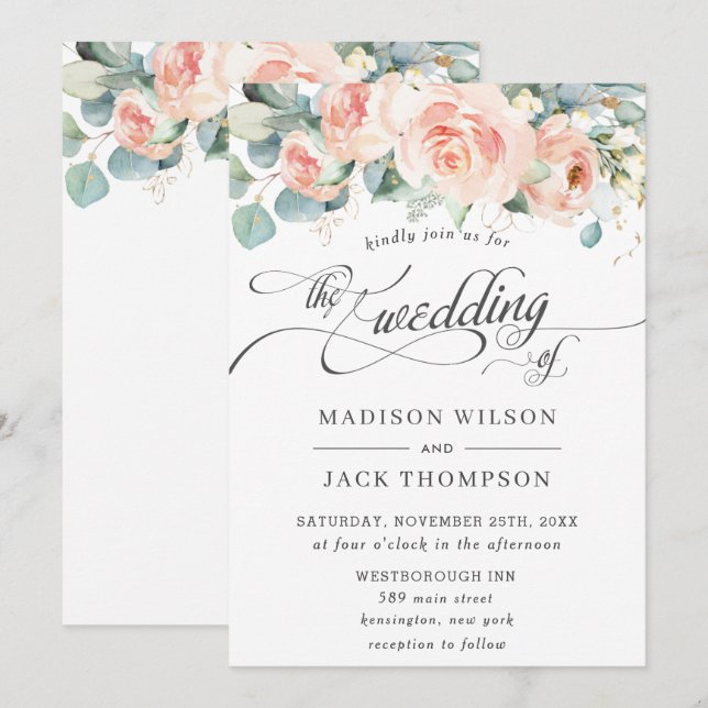 Invitation Chic Peach Floral Calligraphie Mariage de verdure (Devant / Derrière)