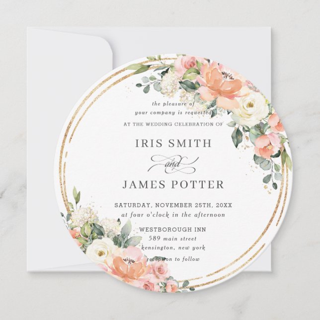 Invitation Chic Peach Ivory Blush Pink Floral Gold Mariage (Devant)