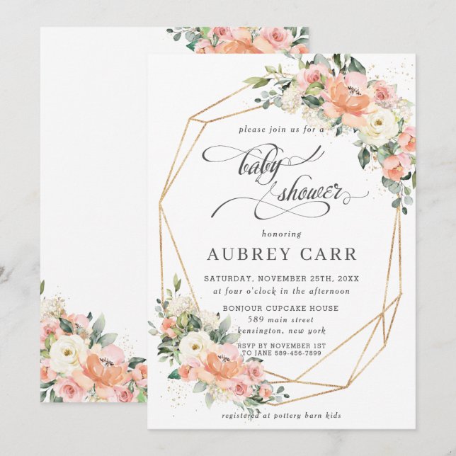 Invitation Chic Peach Ivory rose Baby shower floral géométriq (Devant / Derrière)
