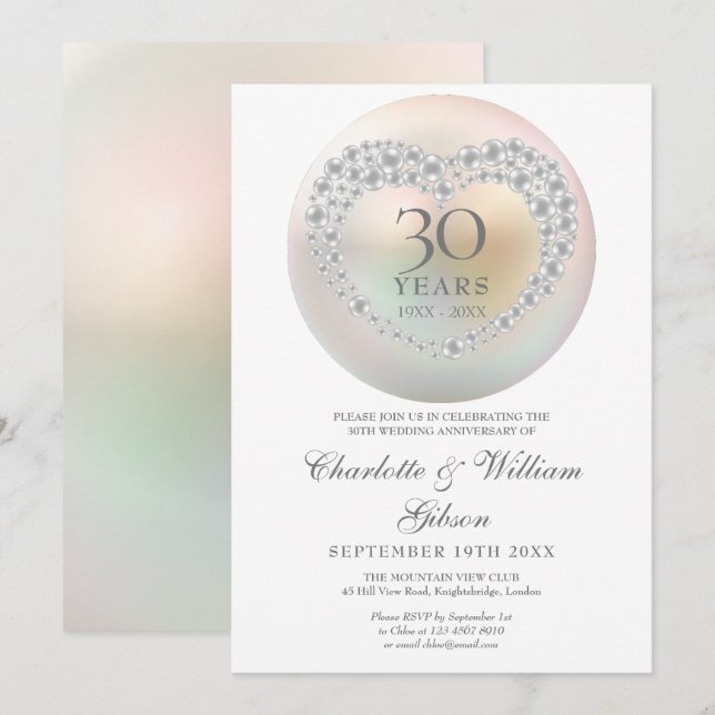 Invitation Chic Pearl Heart 30e anniversaire du Mariage (Devant / Derrière)